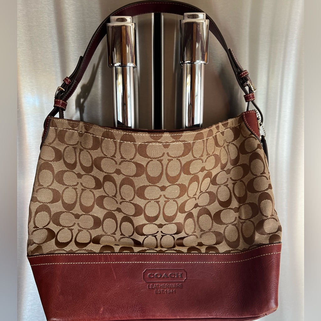 Coach Burgundy And Tan Signature Shoulder Bag